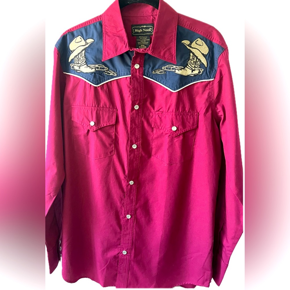 HIGH NOON Men’s Vintage Snap Button long sleeve Western Shirt SM maroon blue